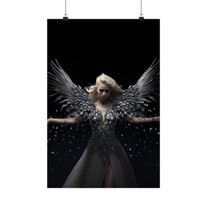 A poster with a woman with wings