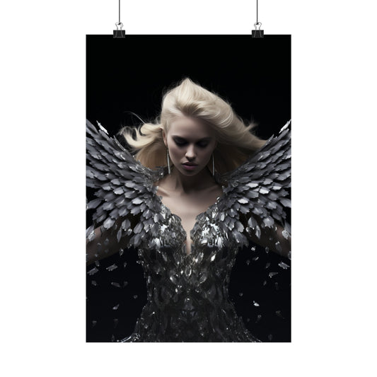 Woman with platinum blonde hair wearing a dramatic winged costume made of metallic feathers.