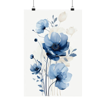 Delicate watercolor painting of blue anemone flowers with stems and leaves.