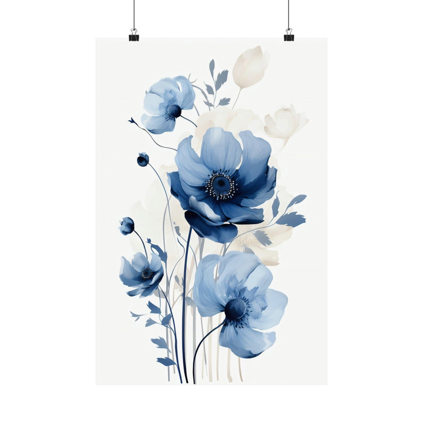 A blue and white floral painting on a white background