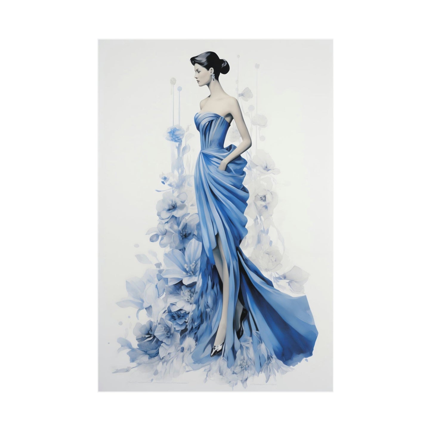 Elegant woman in a flowing blue evening gown.