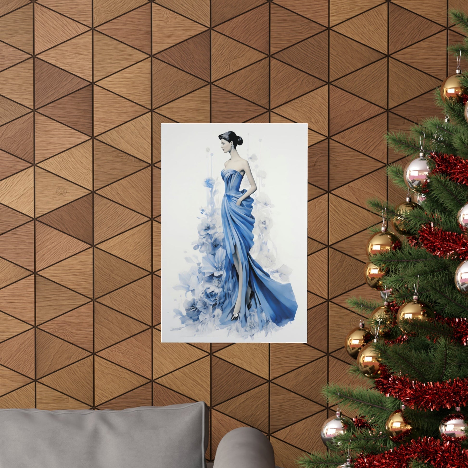 Painting of a woman in a flowing blue gown.