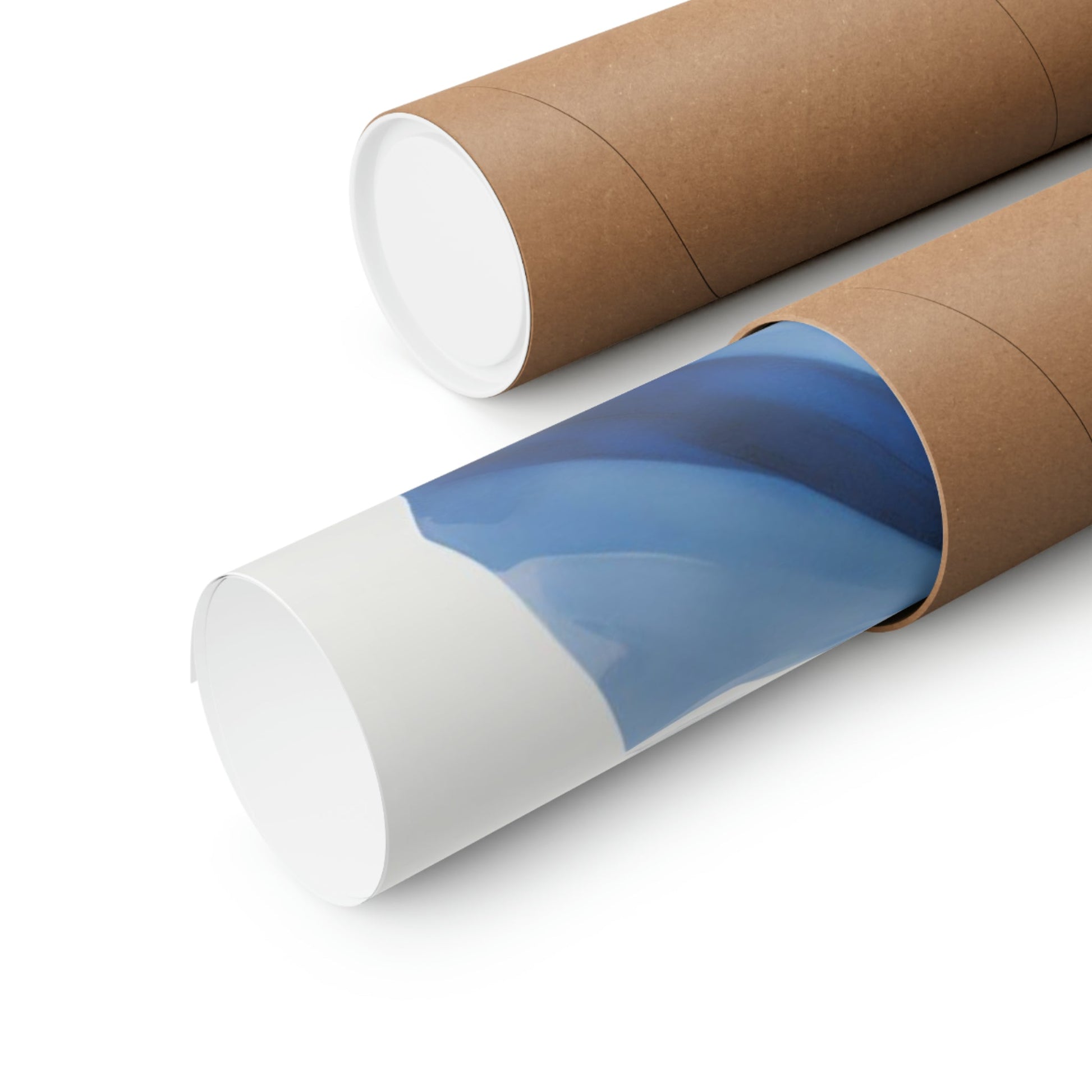 Cardboard mailing tubes, one partially opened to reveal a blue interior lining.