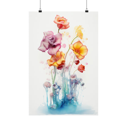 Watercolor painting of colorful flowers with delicate stems.