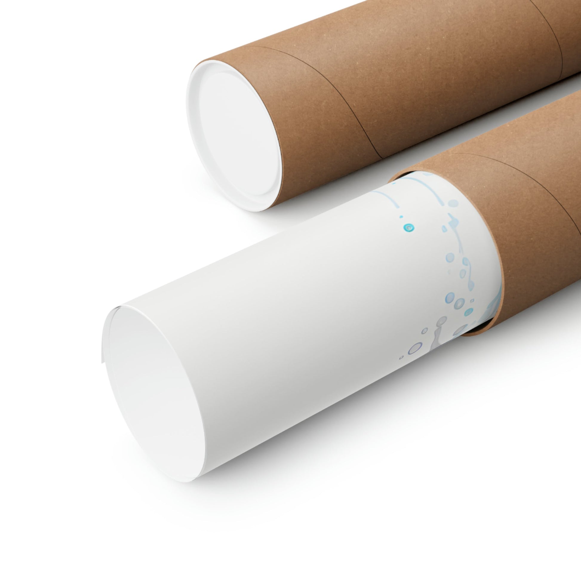 Cardboard mailing tubes or poster tubes, one brown and one white.