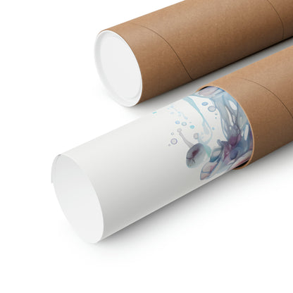 Cardboard tubes or mailing tubes, one with a watercolor-style floral design visible on the white surface.