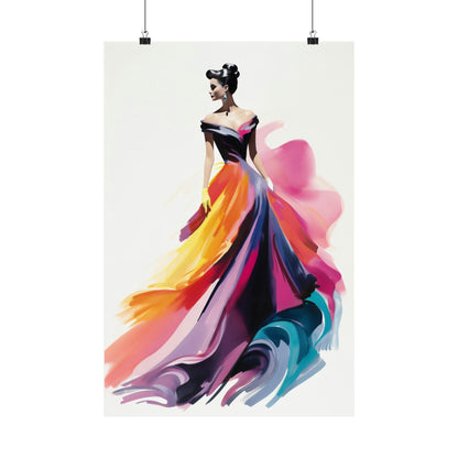 A poster with a woman in a colorful dress