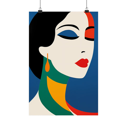 Stylized portrait of a woman’s face with bold, colorful geometric shapes.