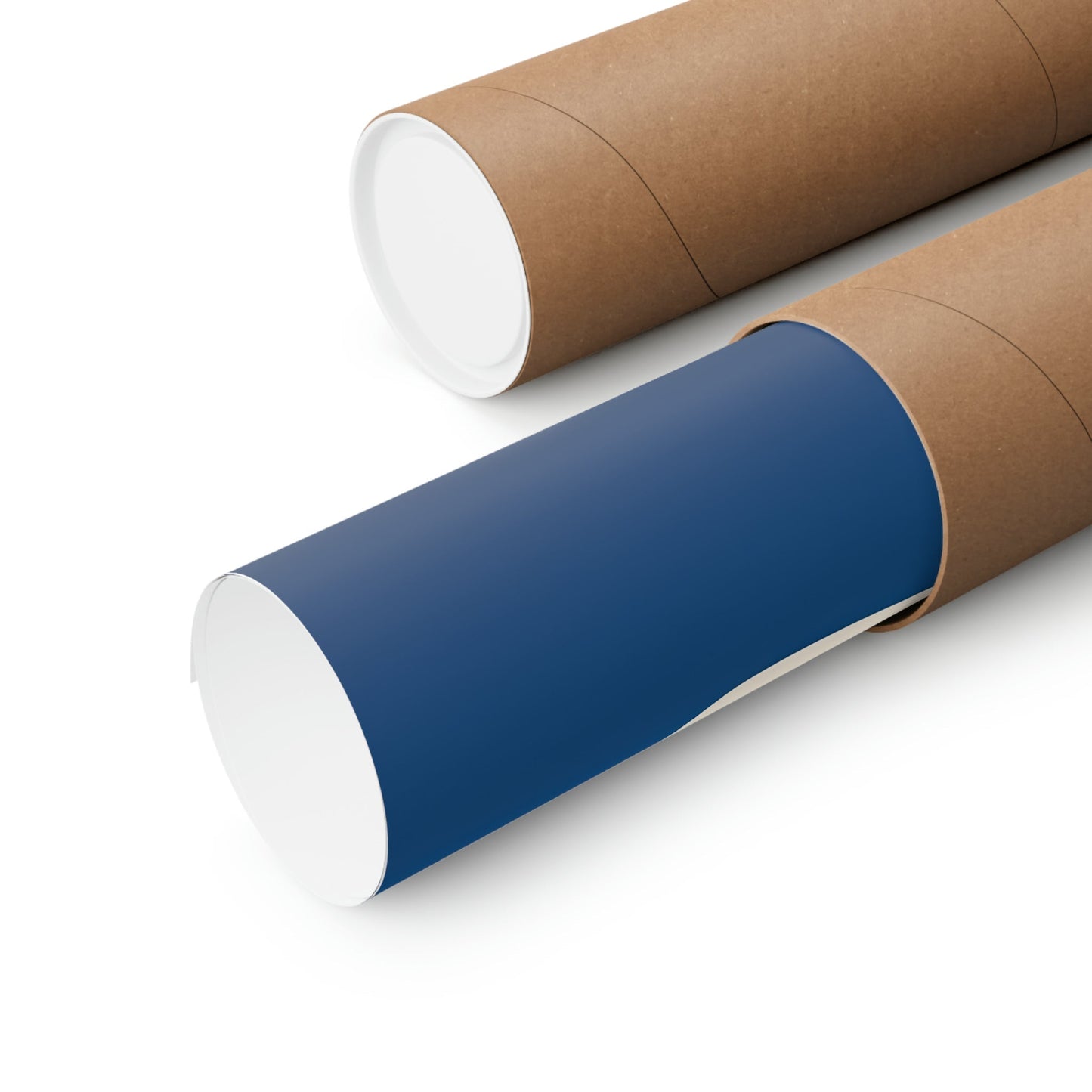 Two rolls of brown paper with blue paper on them