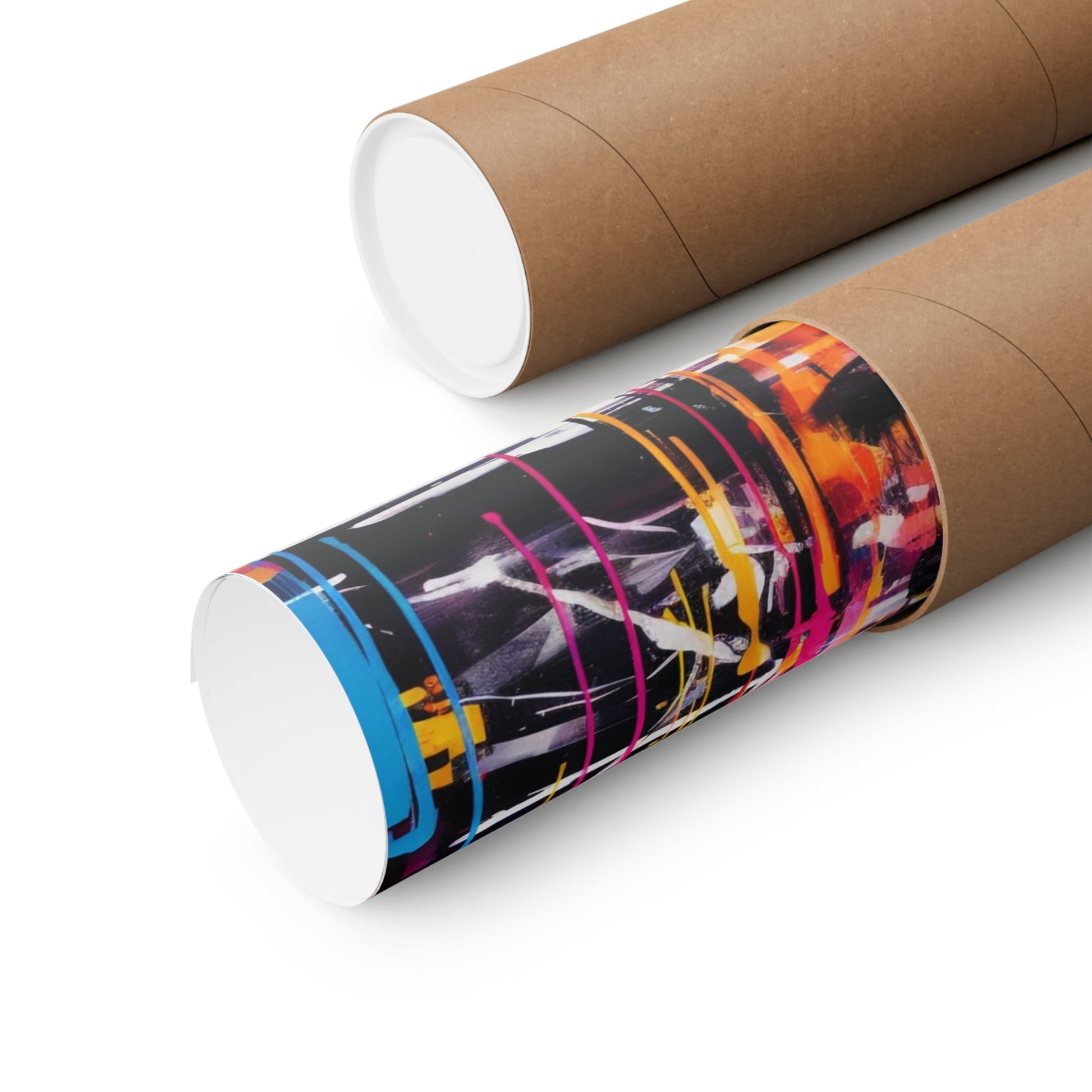 Cardboard tubes, one plain and one wrapped with colorful abstract artwork.