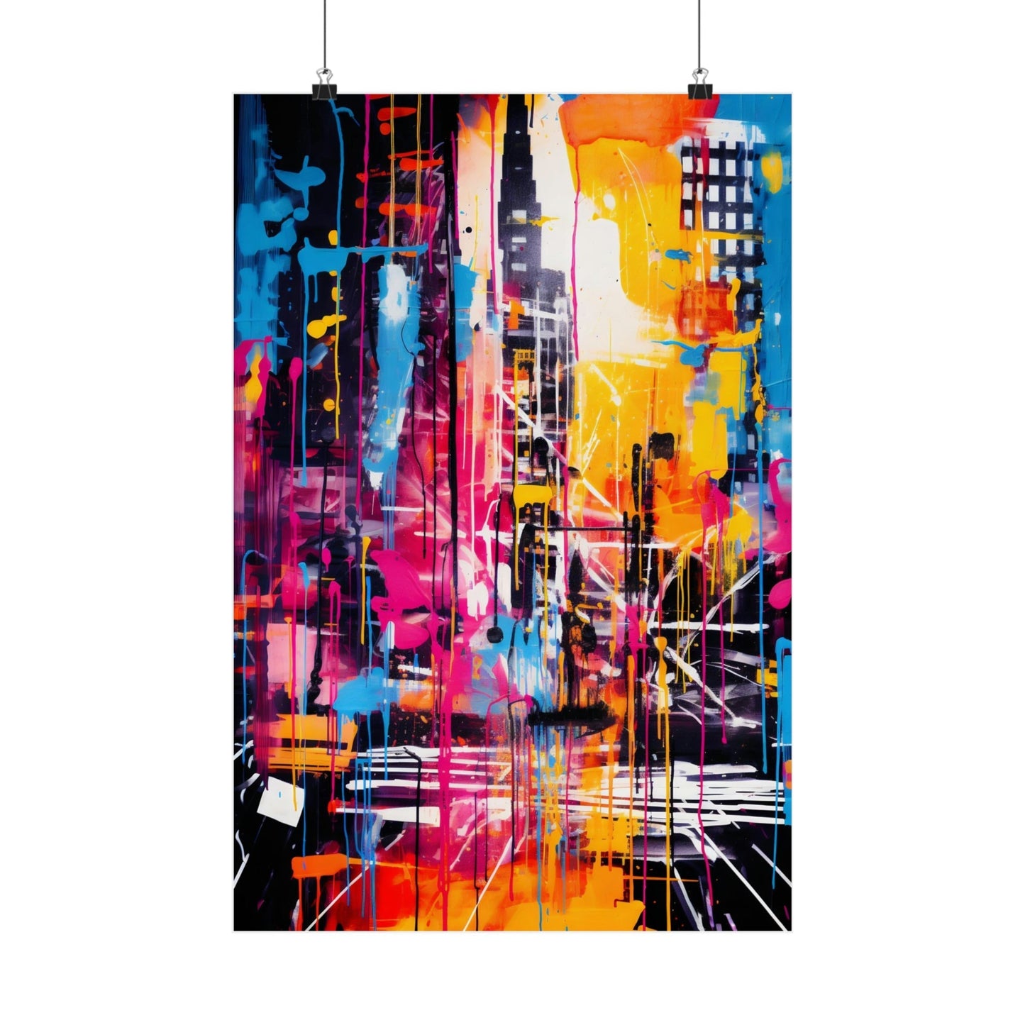 Vibrant abstract painting depicting a colorful cityscape with skyscrapers and urban elements.