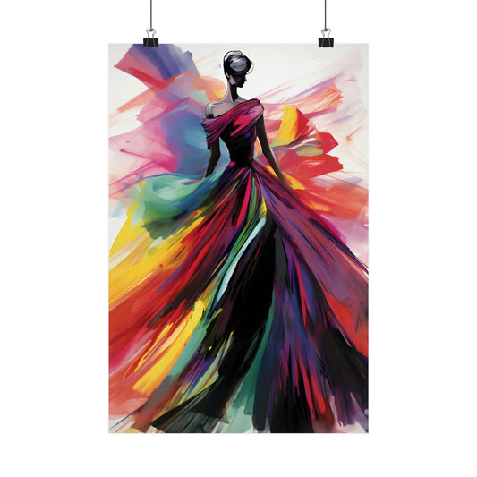 Colorful abstract painting of a woman in a flowing, vibrant gown.