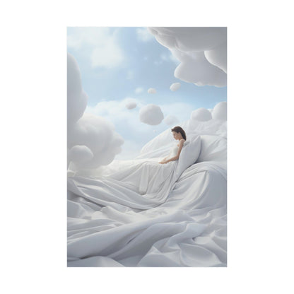 A woman in a white dress is laying on a cloud covered with white sheets