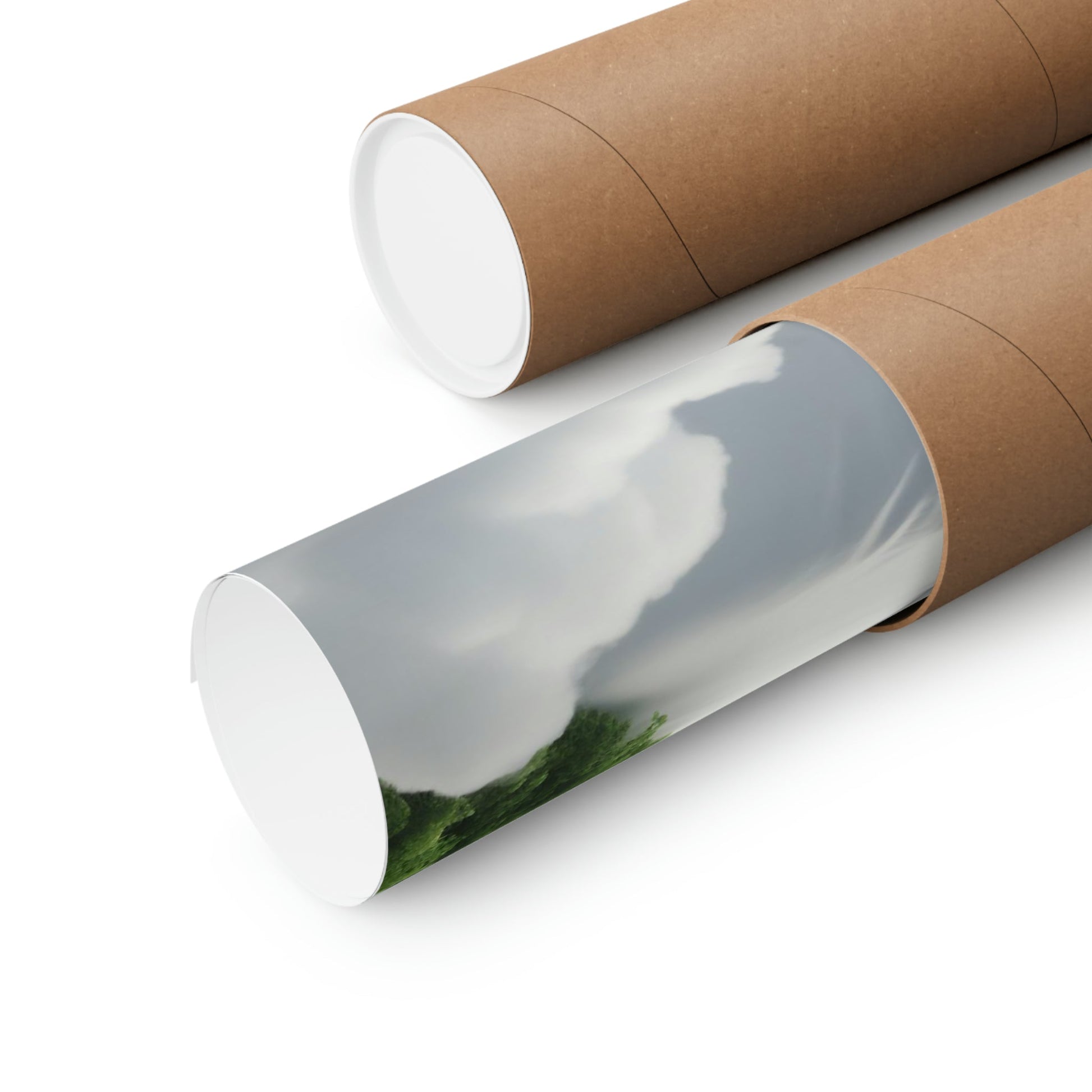 Two rolls of brown paper with a picture of a mountain