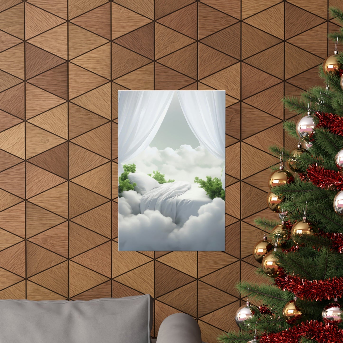 A christmas tree with a picture of a mountain