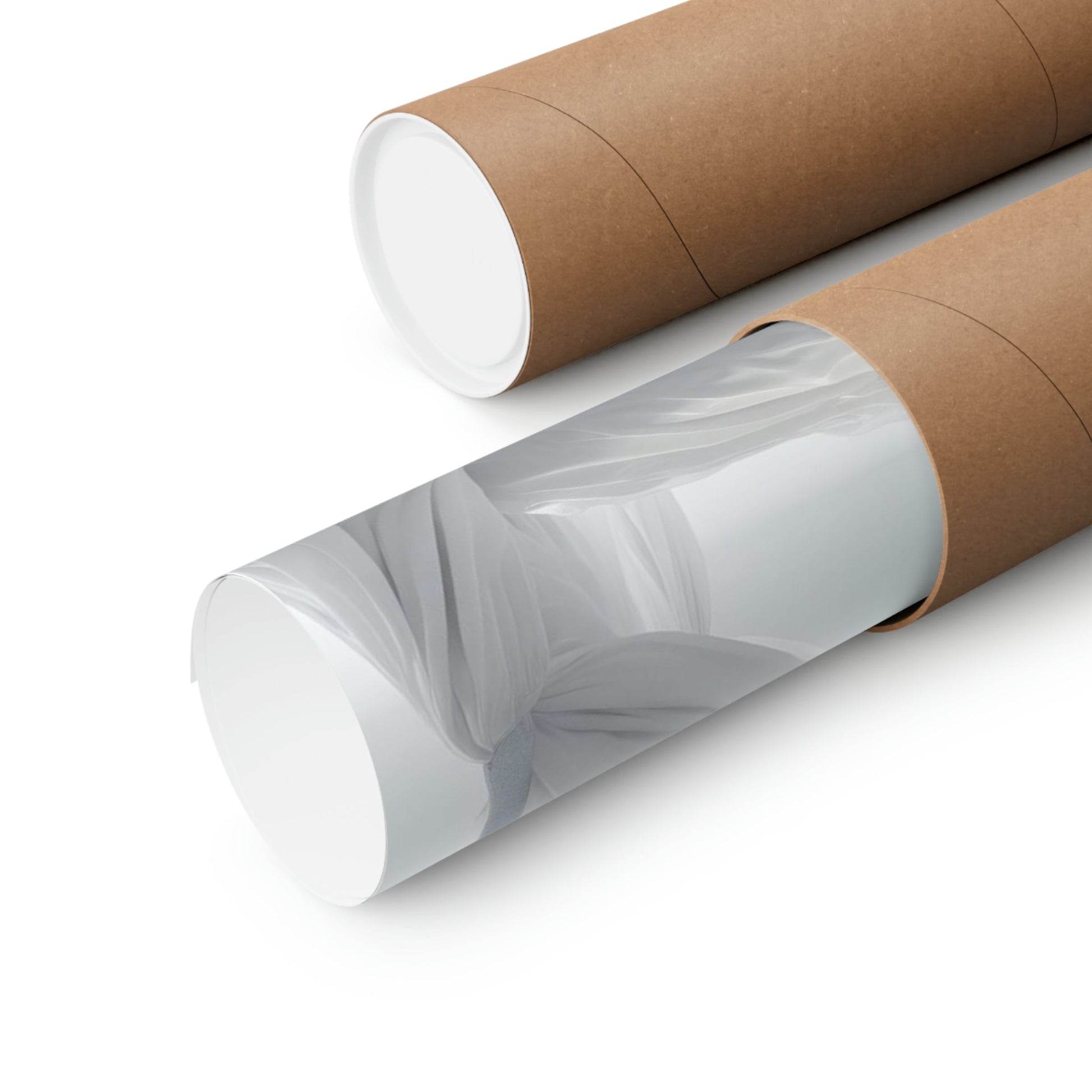 Two rolls of brown paper on white background