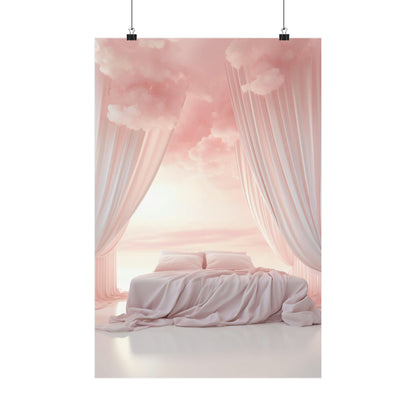 A poster with a pink sky and clouds