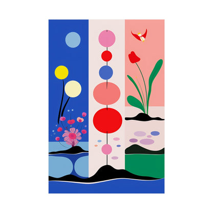 A painting of flowers and plants in a blue, pink, green, and red