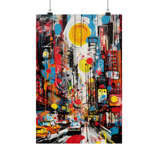 Colorful abstract painting depicting a vibrant city street scene.