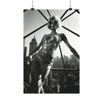 Black and white photograph of a woman in a glittery bodysuit posing against a city skyline.