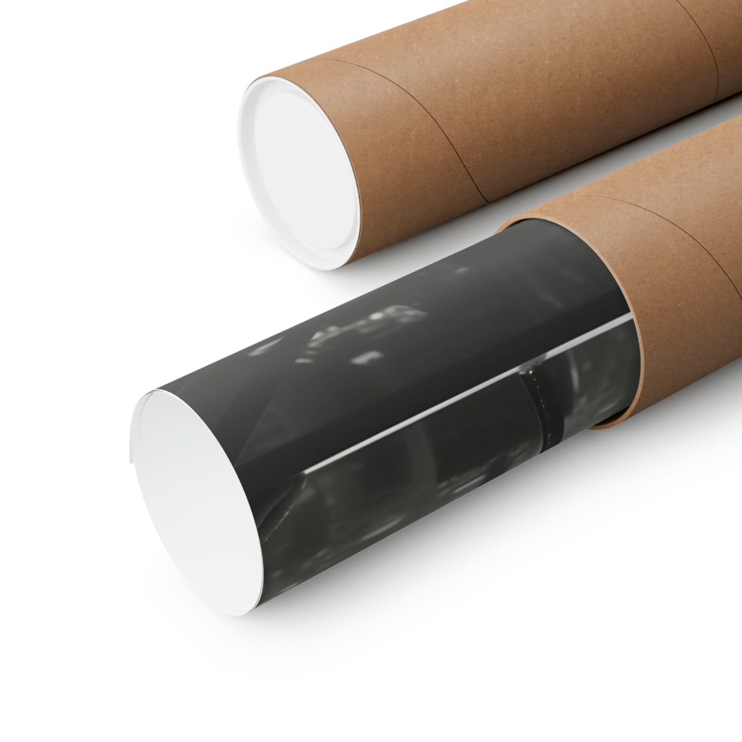 Two rolls of brown paper with black and white paper