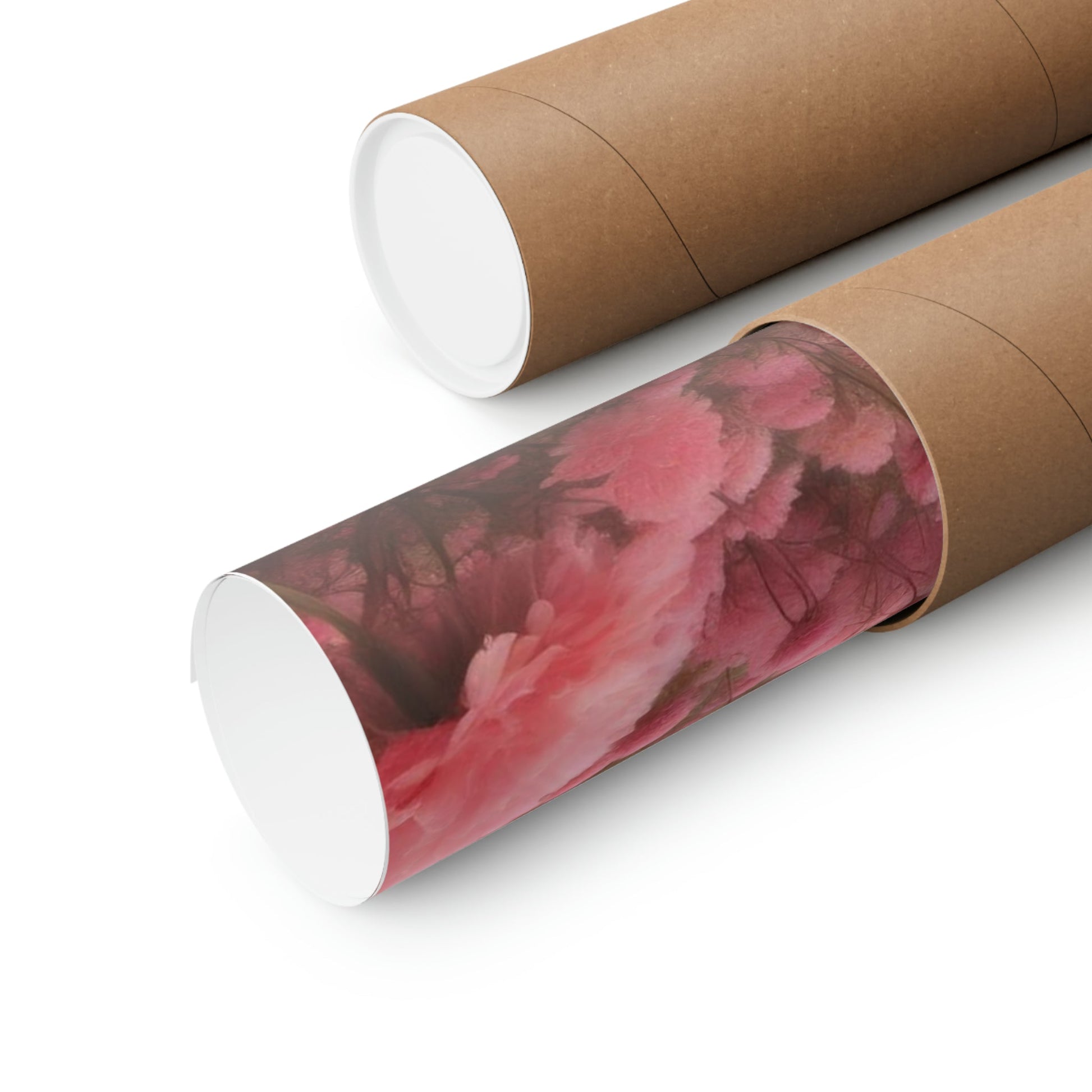 Two rolls of brown paper with pink flowers on them