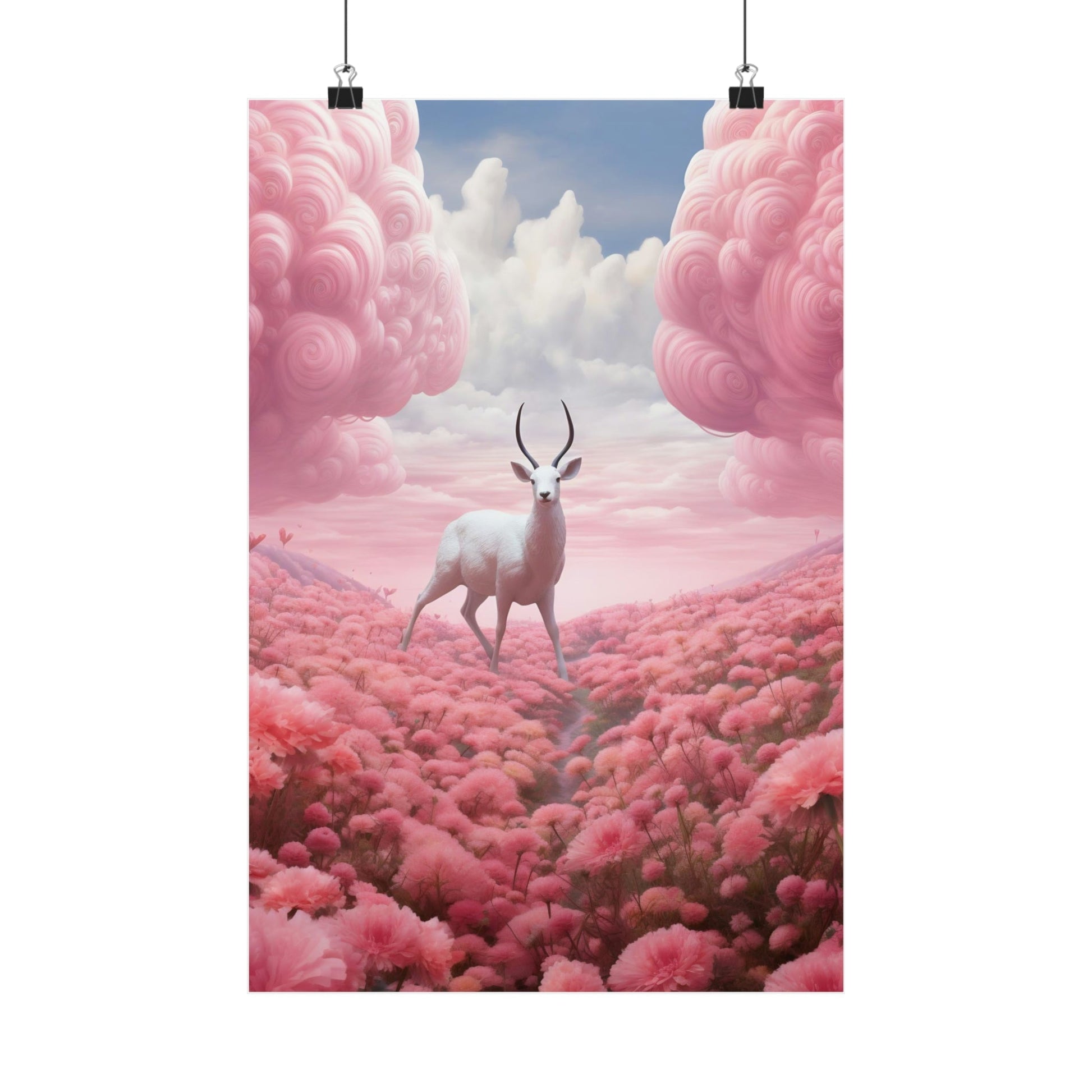 White deer with antlers standing amid pink clouds.