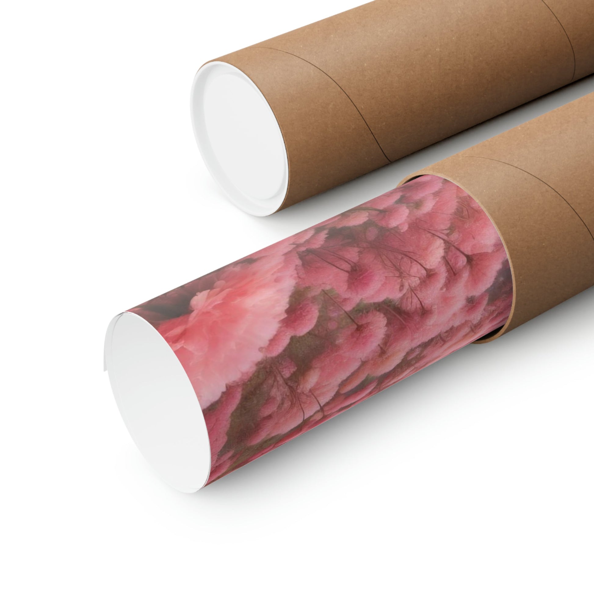 Two rolls of brown paper with pink flowers on them