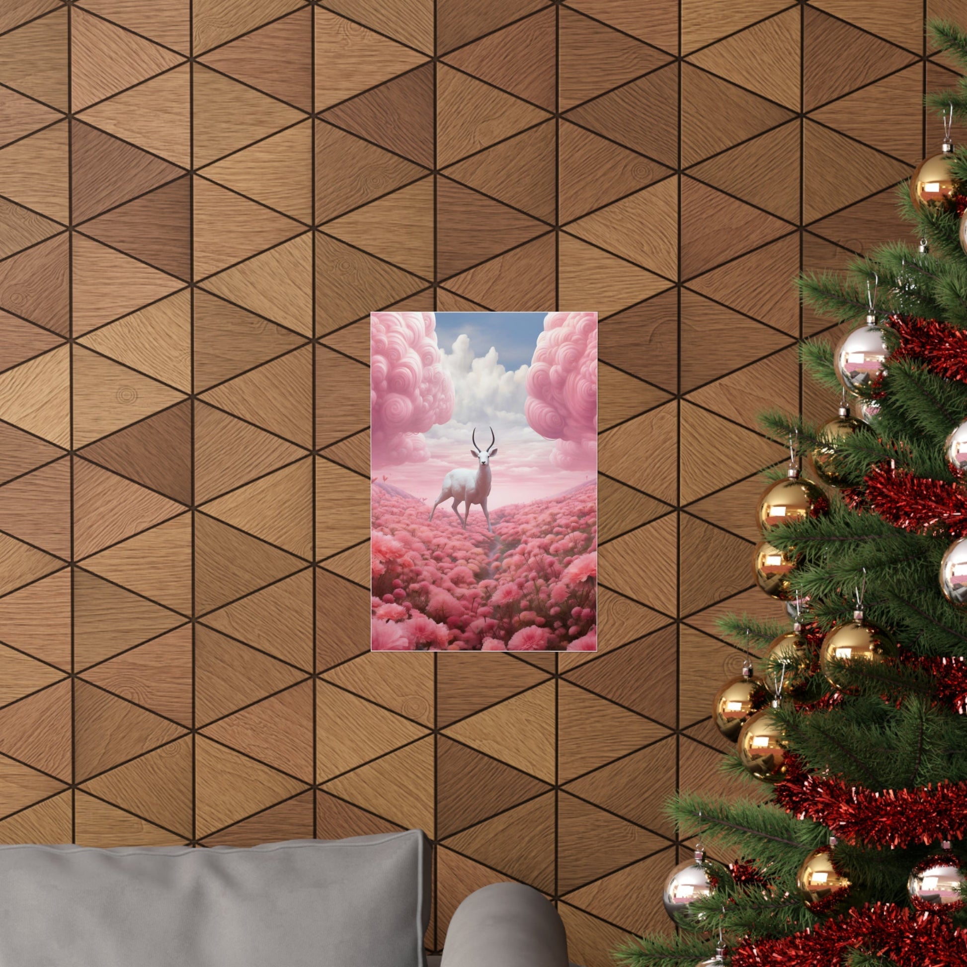 A christmas tree with a pink and gold pattern