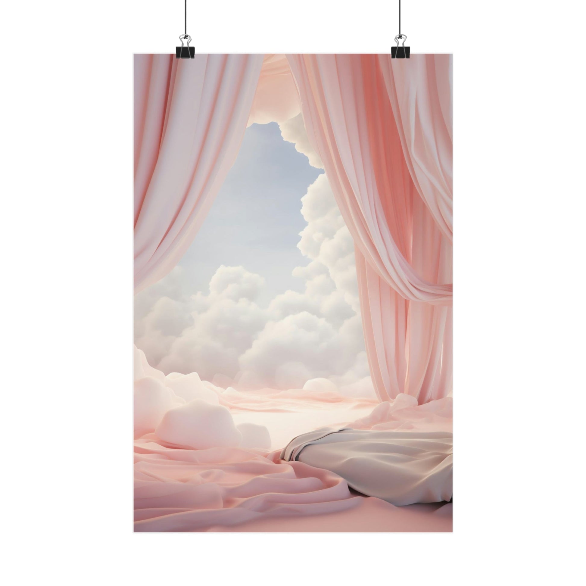 Dreamy bedroom scene with billowing pink curtains and fluffy clouds visible through an opening.