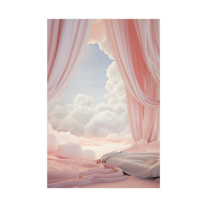 A painting of a window with pink curtains and clouds