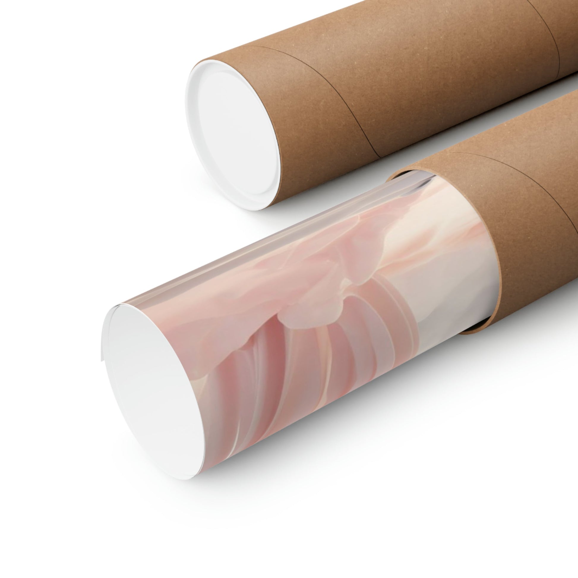 Two rolls of brown paper with pink swirl on them