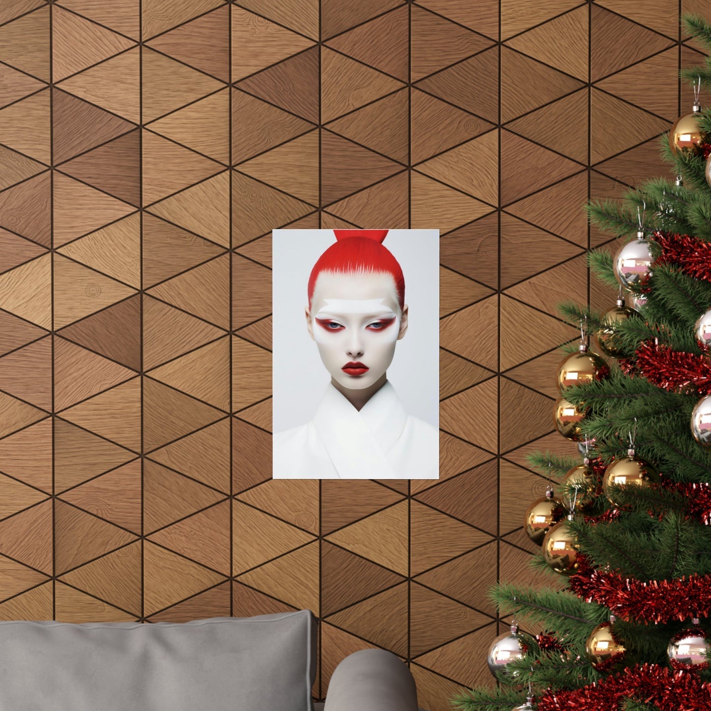 A christmas tree with a red hair and white face