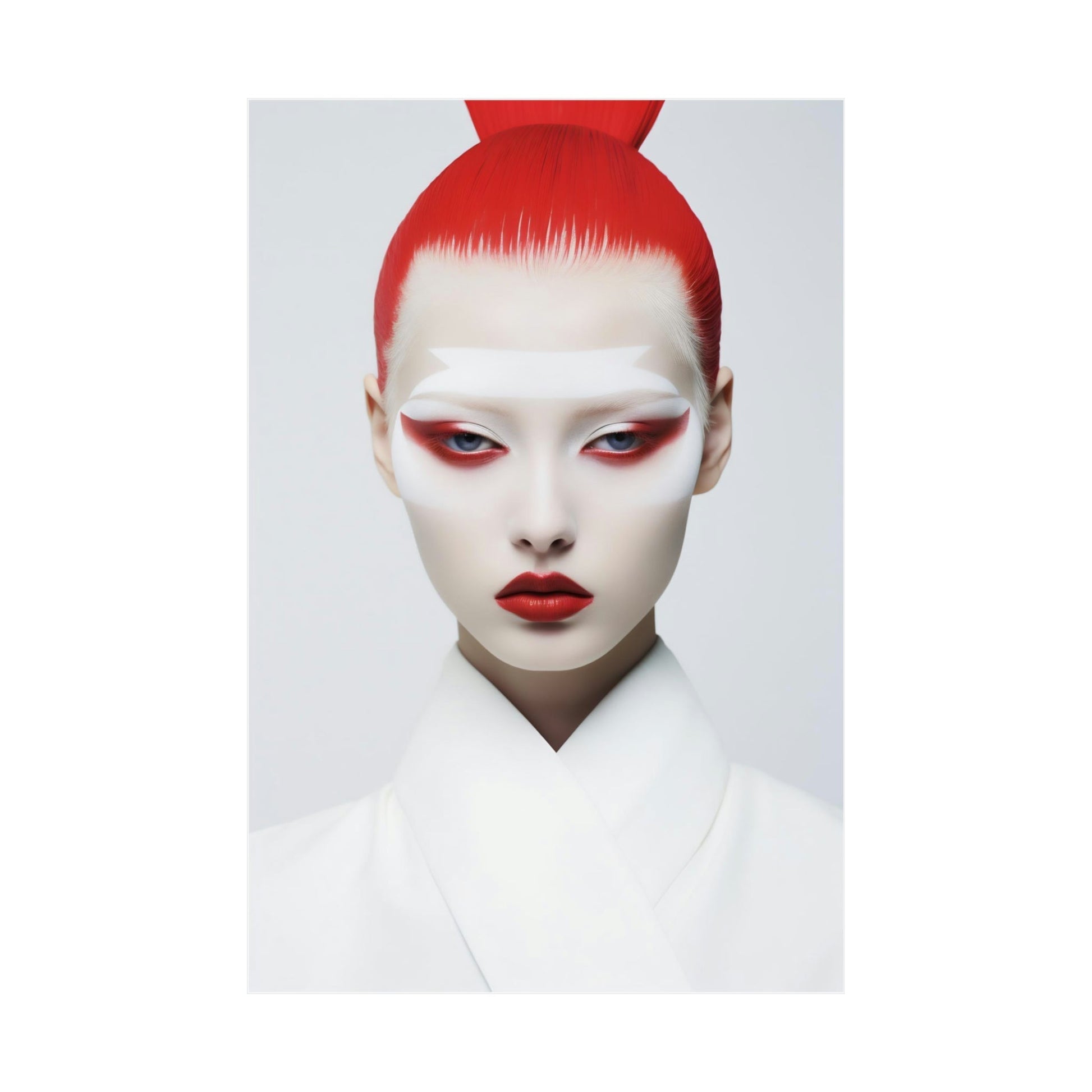 A woman with red hair and white makeup