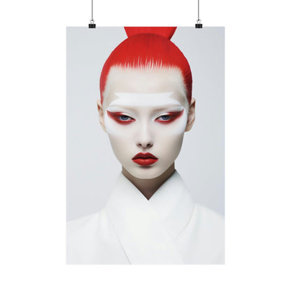 A poster with a red hair and white face