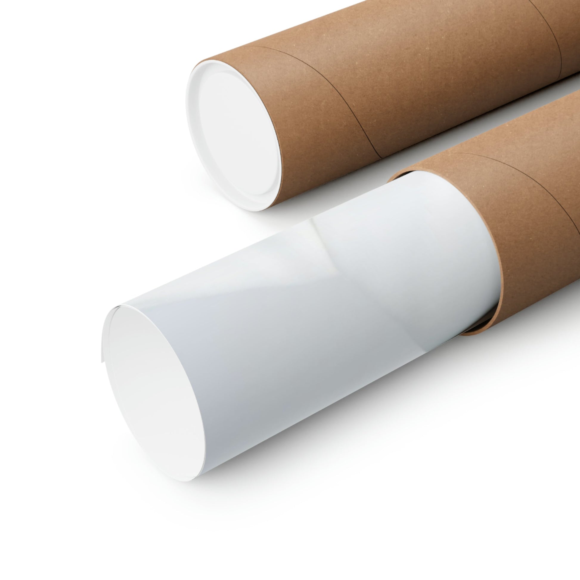 Two rolls of brown paper on white background