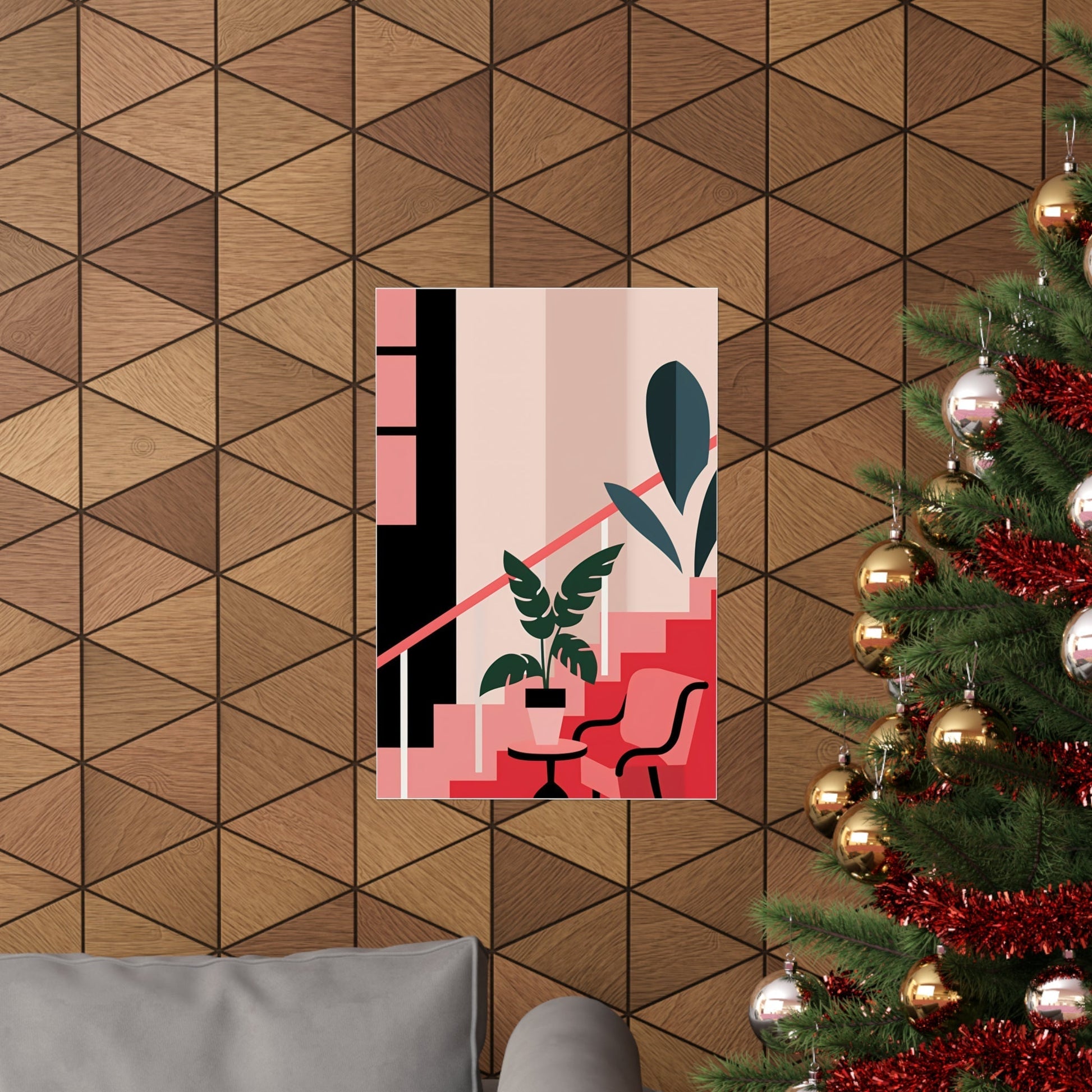 A christmas tree with a pink and red abstract pattern