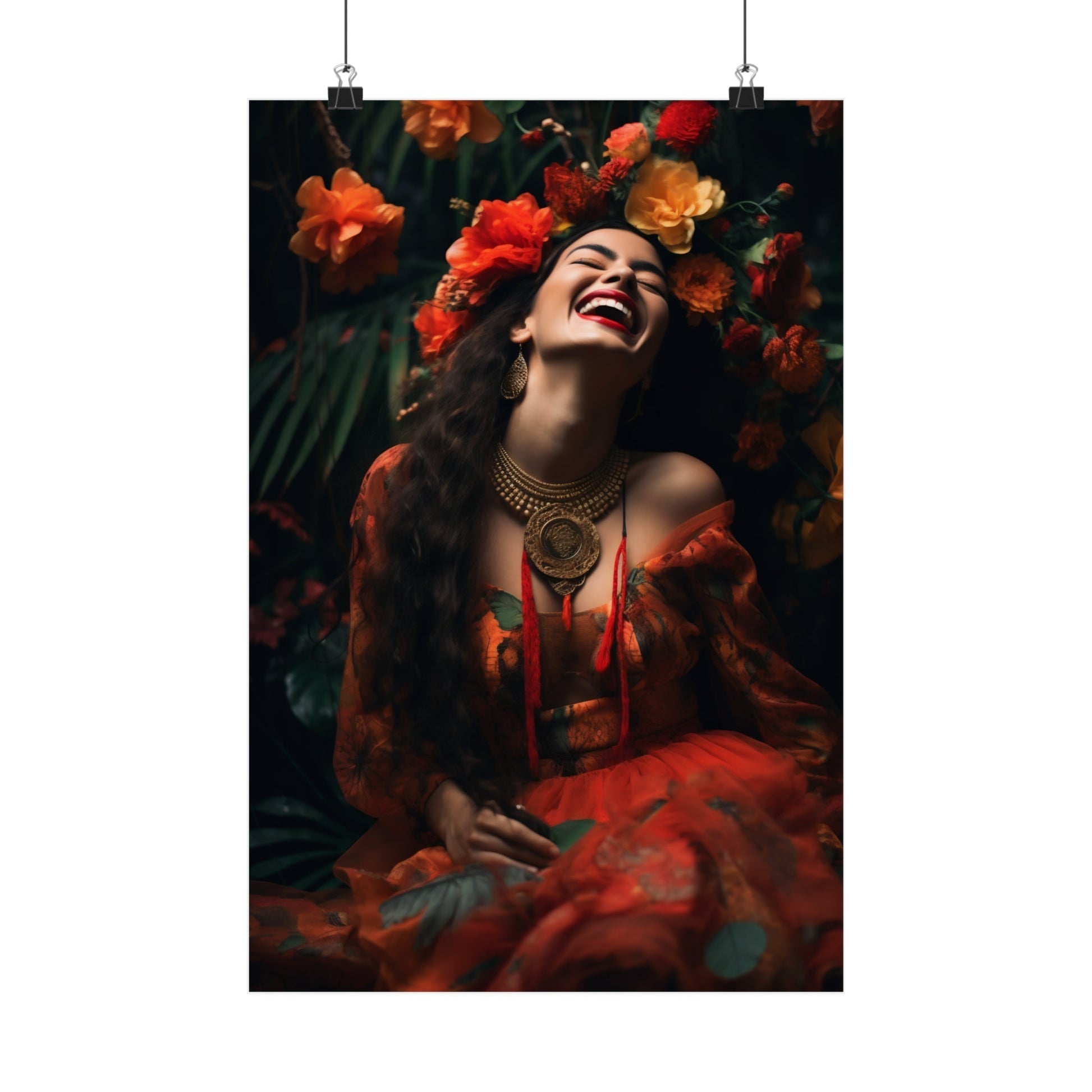 Woman laughing joyfully surrounded by vibrant red and orange flowers.