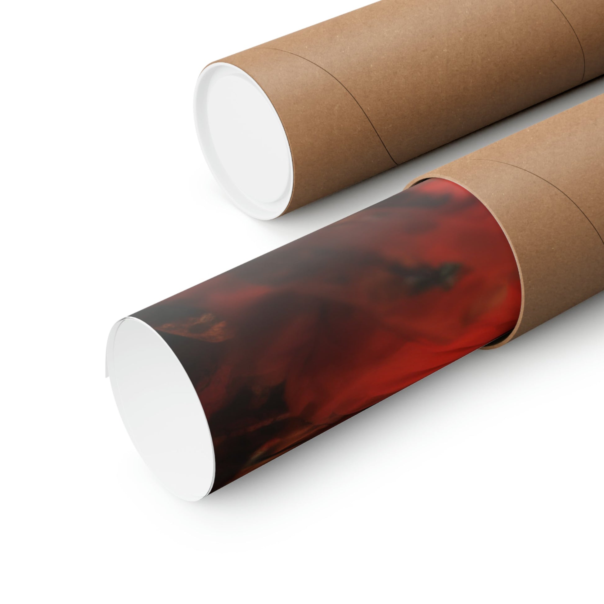 Two rolls of brown paper with red and black clouds