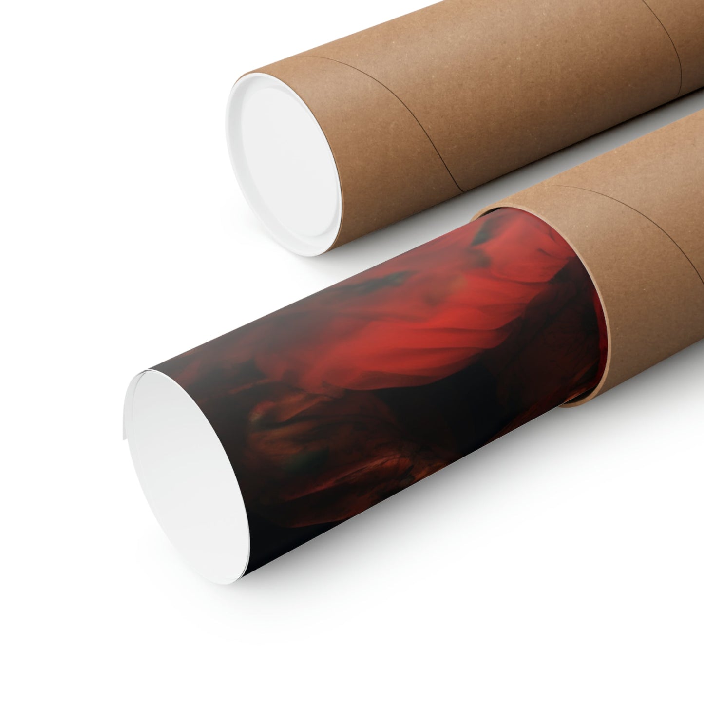 Two rolls of brown paper with red and black ink