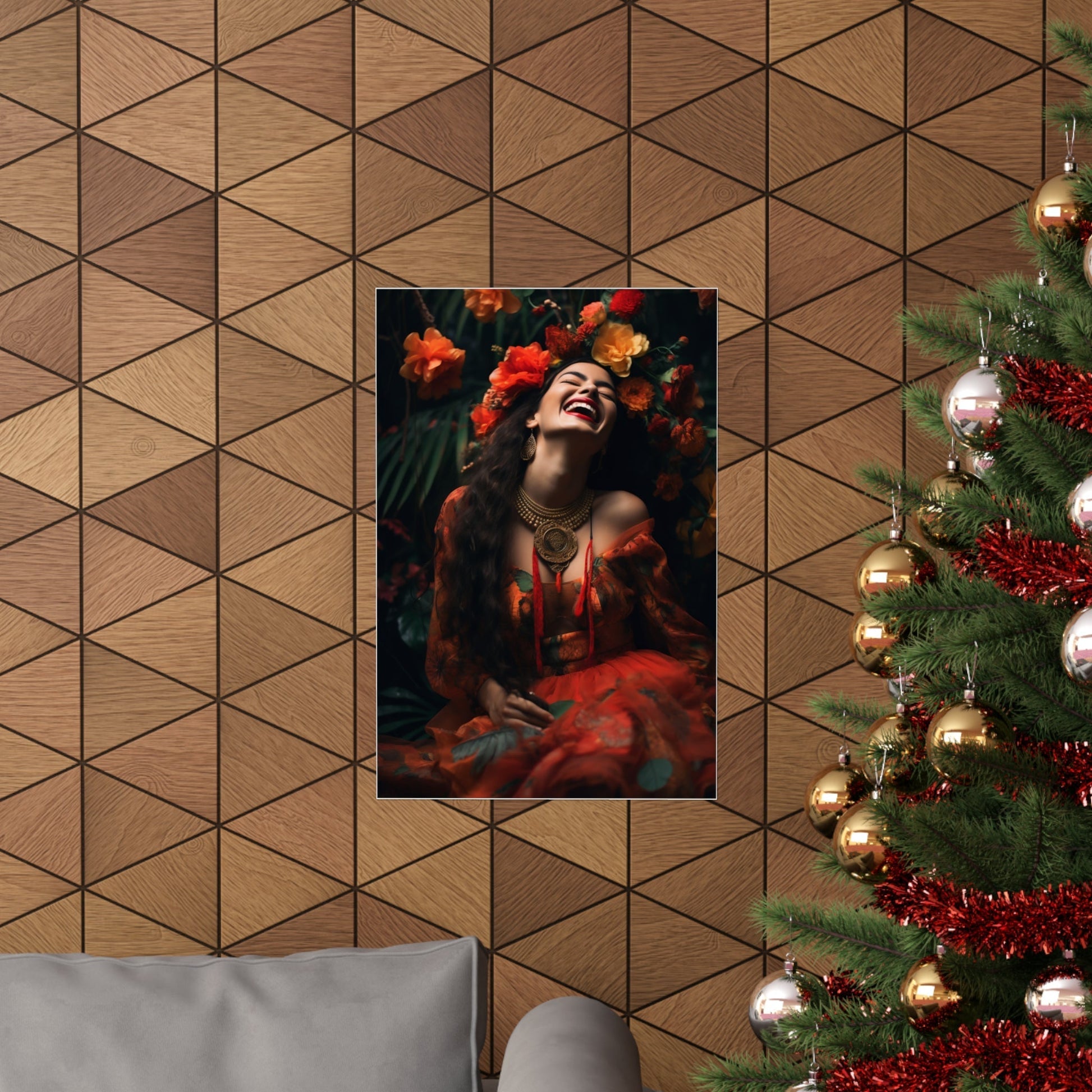 A christmas tree with a picture of a woman in a red dress