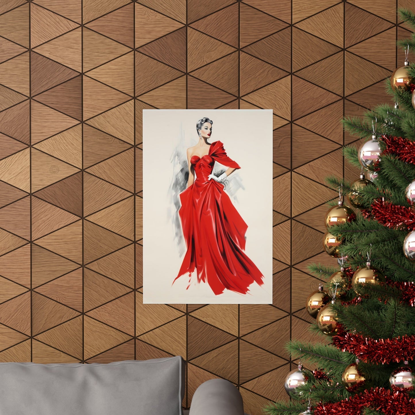 A christmas tree with a red dress on it