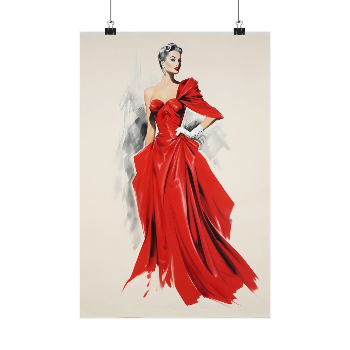 Elegant fashion illustration of a woman in a flowing red gown with one dramatic sleeve.