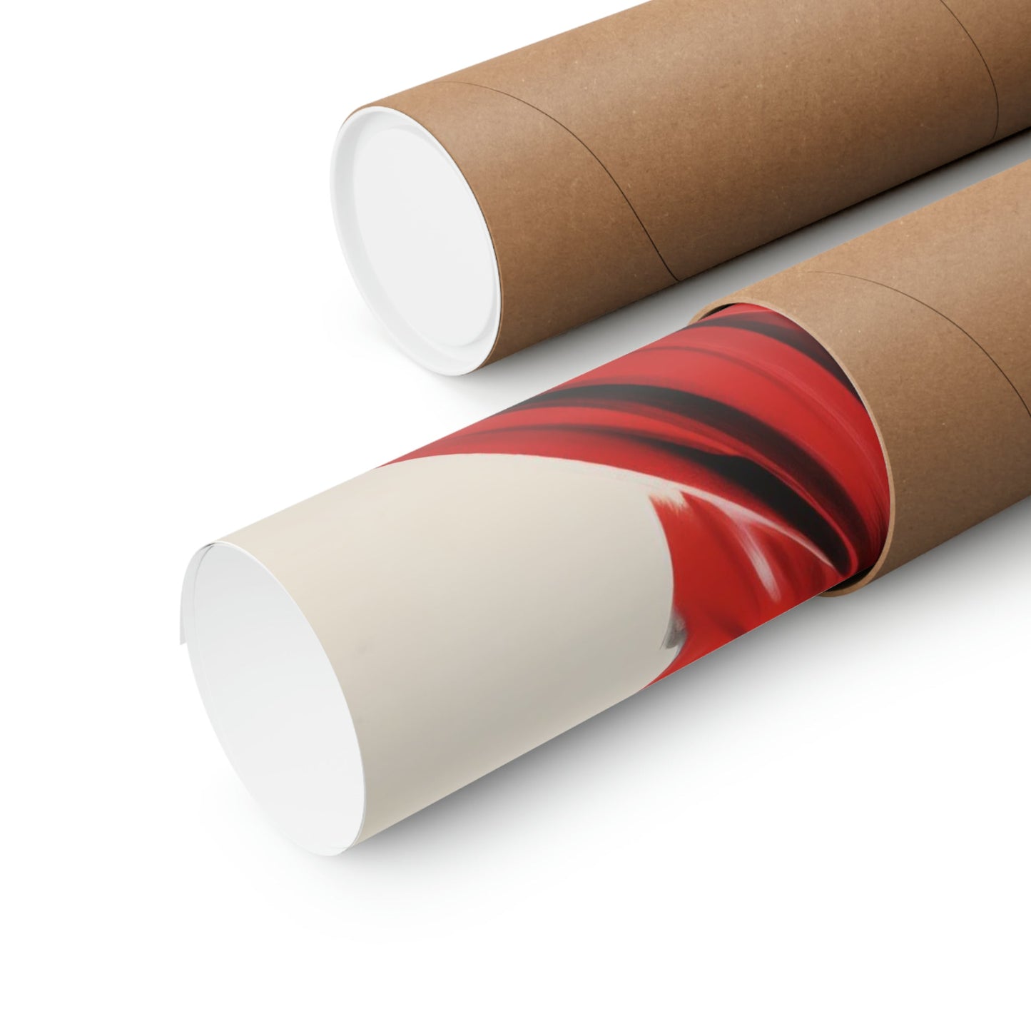 Two rolls of brown paper with red swirl on them