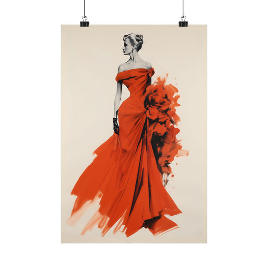 Elegant woman in a flowing red gown with dramatic floral detailing.