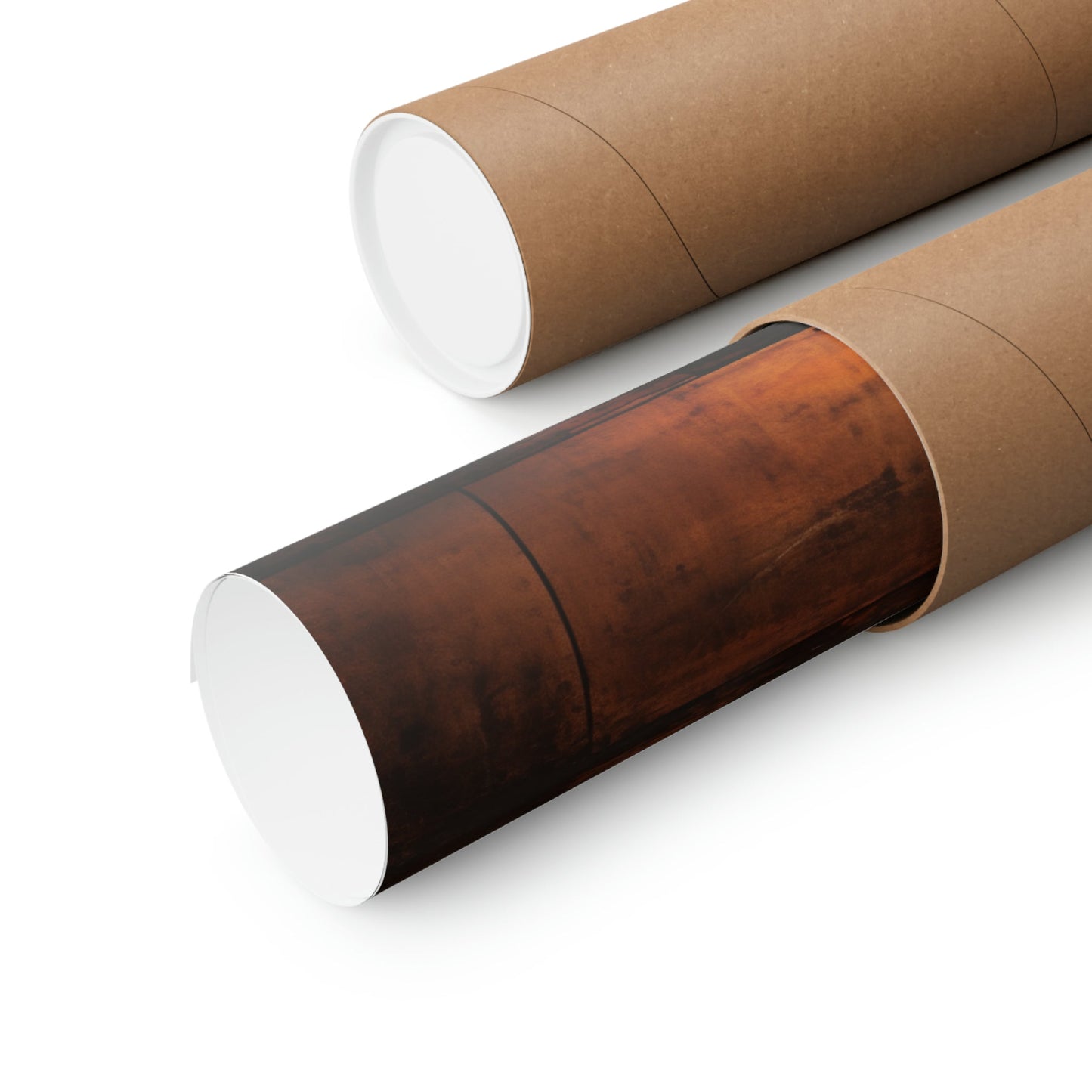 Two brown paper rolls with white paper on them