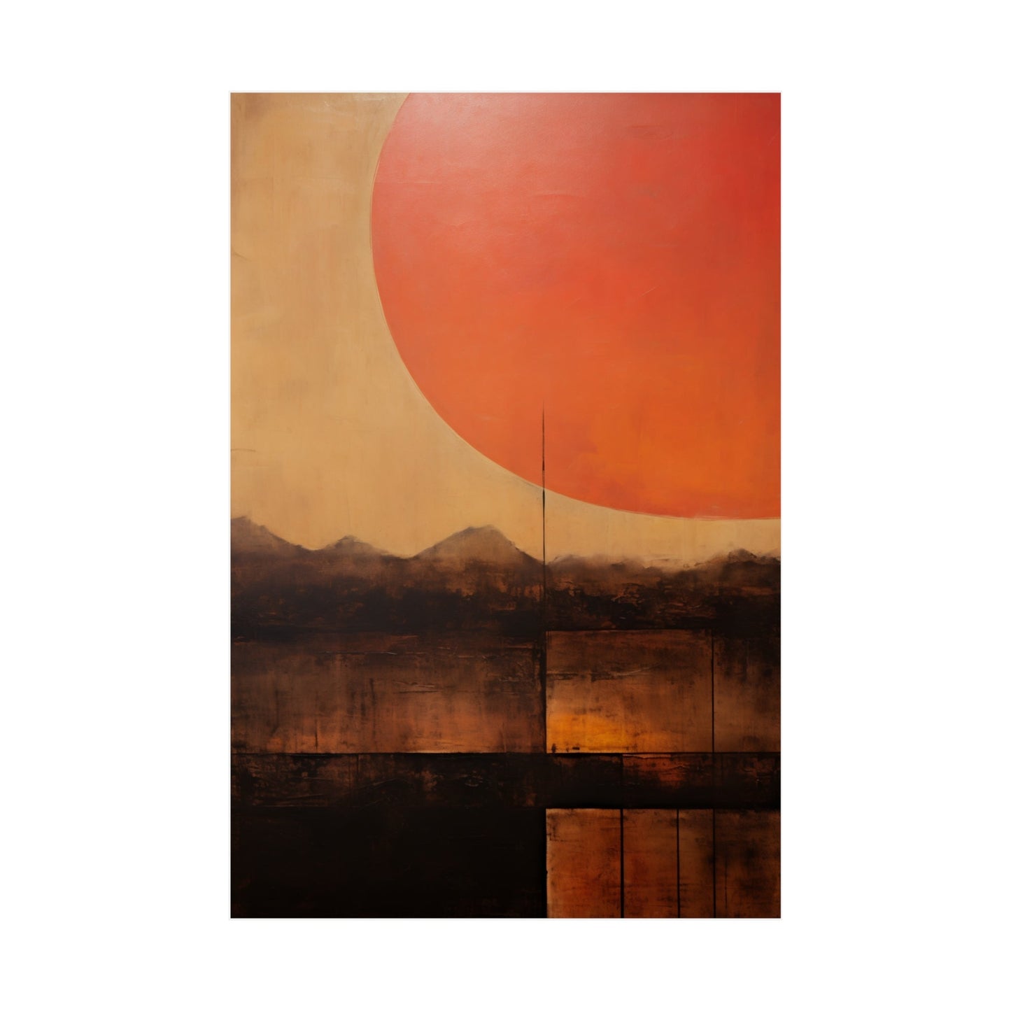 A painting of a sunset with a red sun