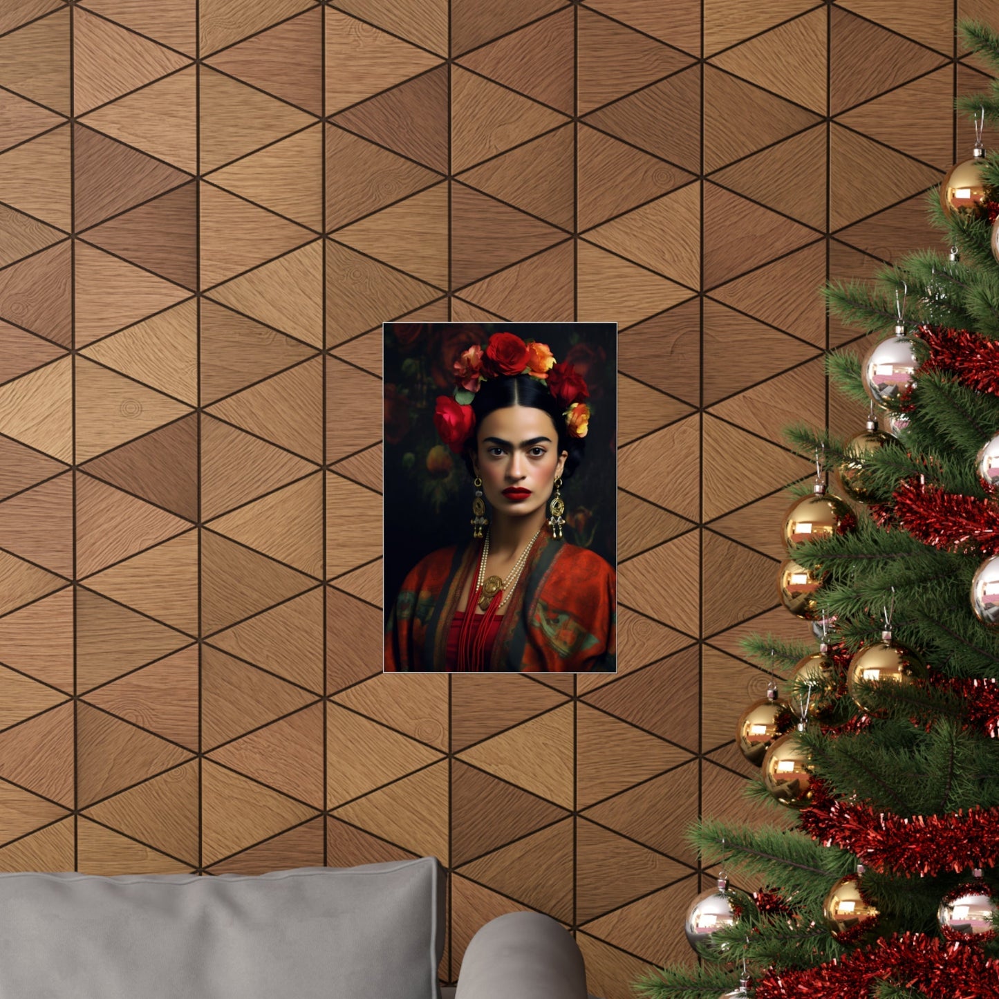 A christmas tree with a picture of a woman