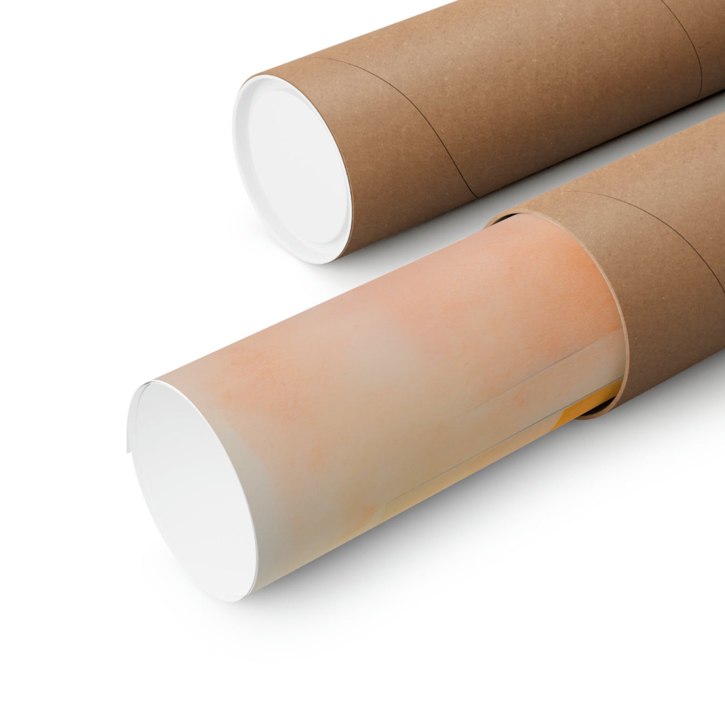 Cardboard mailing tubes or poster tubes with white end caps.