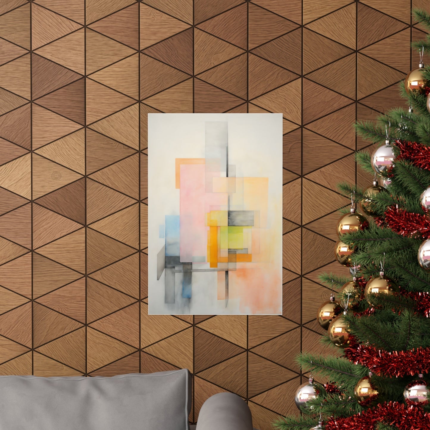 Abstract painting with soft geometric shapes in pastel colors.